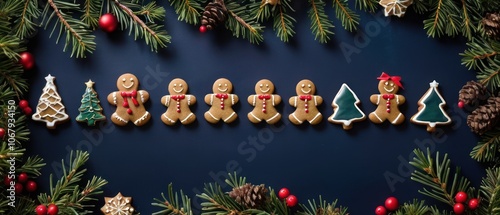 A festive arrangement of gingerbread cookies accompanied by pine branches and colorful Christmas ornaments. The dark background enhances the holiday cheer and seasonal warmth of the composition.