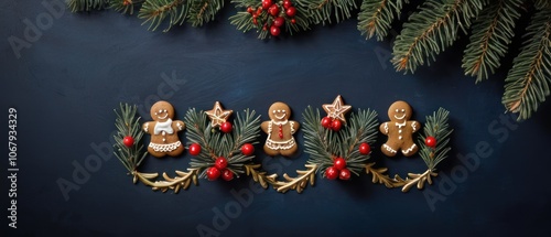 A festive arrangement of gingerbread cookies accompanied by pine branches and colorful Christmas ornaments. The dark background enhances the holiday cheer and seasonal warmth of the composition.
