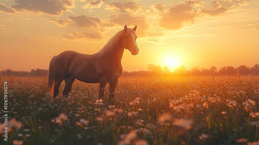 A beautiful brown horse standing in a flower-filled field at sunset, designed for posters, banners, or greeting cards celebrating nature, animals, or rural landscapes.