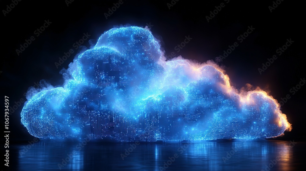 A Glowing Blue Cloud Shaped Like a Circuit Board with Reflections in Water A Glowing Blue Cloud Shaped Like a Circuit Board with Reflections in Water