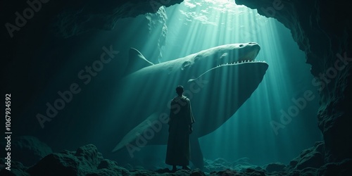 Bible story, Jonah and the Whale, Jonah standing inside the belly of a large fish, with light streaming down into the depths. photo