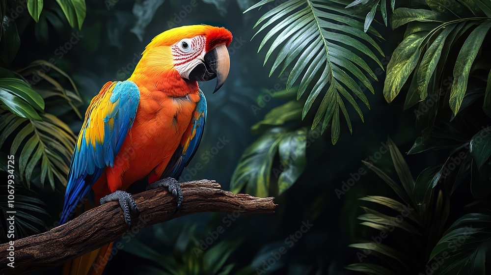 A beautiful exotic parrot perched on a tree branch in a lush green jungle, capturing the vibrancy of tropical wildlife, ideal for banners, pet shop promotions, or wildlife-themed designs. A beautiful exotic parrot perched on a tree branch in a lush green jungle, capturing the vibrancy of tropical wildlife, ideal for banners, pet shop promotions, or wildlife-themed designs.