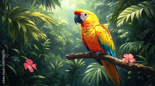 A beautiful exotic parrot perched on a tree branch in a lush green jungle, capturing the vibrancy of tropical wildlife, ideal for banners, pet shop promotions, or wildlife-themed designs.