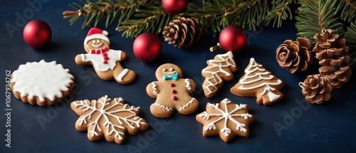 A festive arrangement of gingerbread cookies accompanied by pine branches and colorful Christmas ornaments. The dark background enhances the holiday cheer and seasonal warmth of the composition.