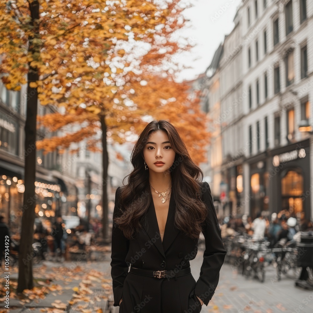 Fototapeta premium A fashionable woman stands in an autumn street, surrounded by vibrant foliage.
