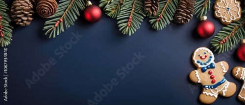 A festive arrangement of gingerbread cookies accompanied by pine branches and colorful Christmas ornaments. The dark background enhances the holiday cheer and seasonal warmth of the composition.