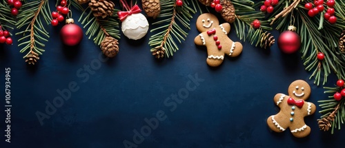 A festive arrangement of gingerbread cookies accompanied by pine branches and colorful Christmas ornaments. The dark background enhances the holiday cheer and seasonal warmth of the composition.