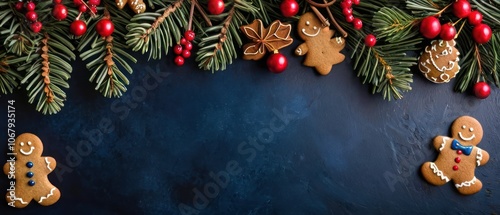 A festive arrangement of gingerbread cookies accompanied by pine branches and colorful Christmas ornaments. The dark background enhances the holiday cheer and seasonal warmth of the composition.