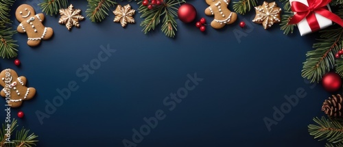 A festive arrangement of gingerbread cookies accompanied by pine branches and colorful Christmas ornaments. The dark background enhances the holiday cheer and seasonal warmth of the composition.