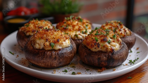 Six stuffed mushrooms with cheese and herbs on a white plate.