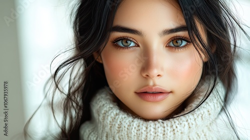 A beauty portrait of an Asian woman with long black hair and flawless skin, wearing a white sweater, symbolizing the connection between fashion, autumn, and skincare, while promoting cosmetic.