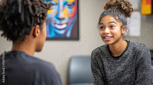 A social worker speaking with a client in a community center, providing resources and emotional support photo