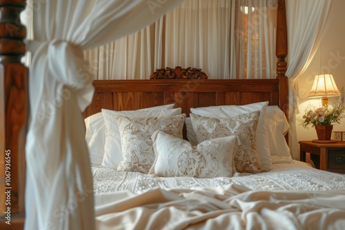 A luxurious four poster bed with a plush headboard, surrounded by soft white linens and delicate pillows, set in an elegant bedroom adorned with warm lighting and wooden furniture photo