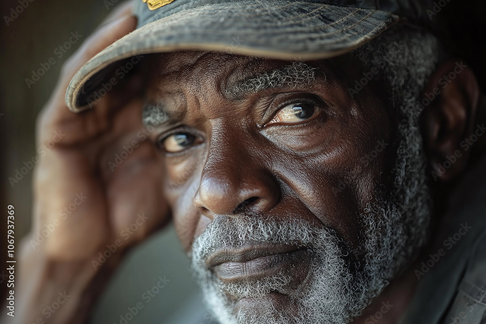 a veteran holding their service cap with a reflective expression.