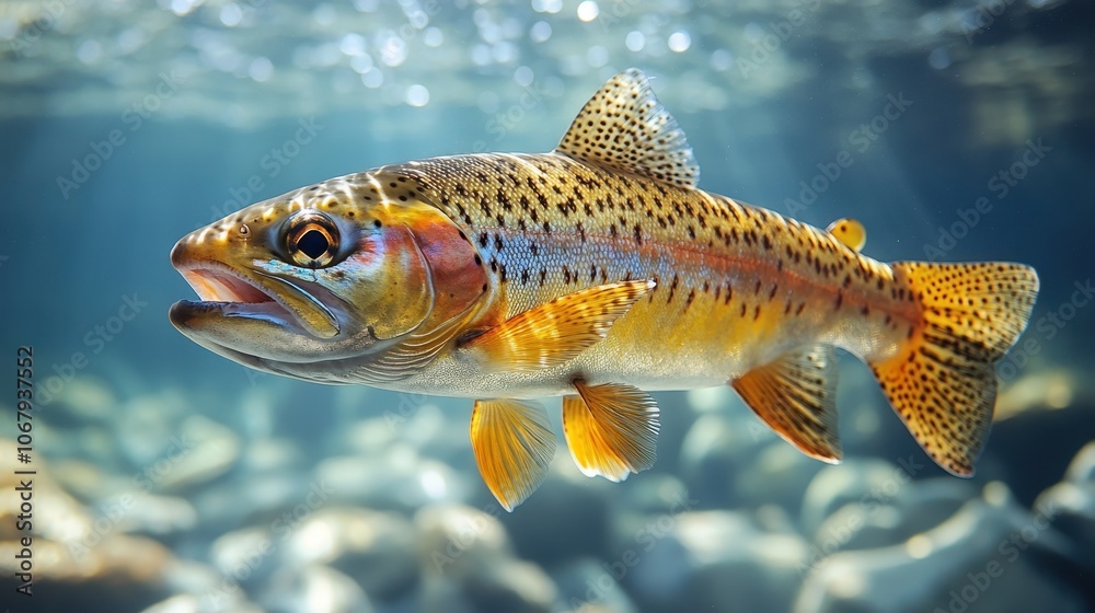 Photo of a Rainbow Trout Sparkling Underwater as Sunlight Filters Through