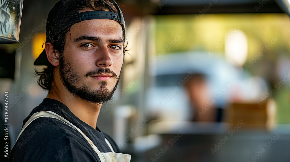 Young man at a food stall during sunset showcasing culinary passion in a lively outdoor market Young man at a food stall during sunset showcasing culinary passion in a lively outdoor market