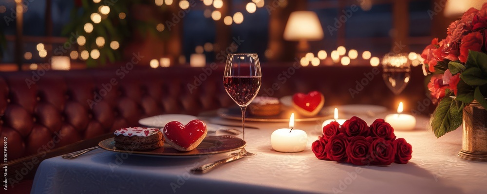 A romantic dinner setup featuring heart-shaped desserts, candles, flowers, and wine, creating a cozy, intimate atmosphere. A romantic dinner setup featuring heart-shaped desserts, candles, flowers, and wine, creating a cozy, intimate atmosphere.