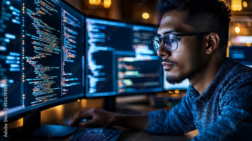 A software developer deeply focused on coding, surrounded by multiple screens and modern office tech, with code reflecting in their glasses A software developer deeply focused on coding, surrounded by multiple screens and modern office tech, with code reflecting in their glasses