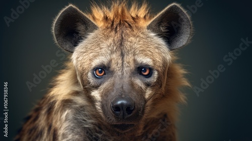 A close-up portrait of a hyena with intense, piercing eyes and its characteristic, rugged fur, set against a stark, minimalist background to emphasize its unique features.