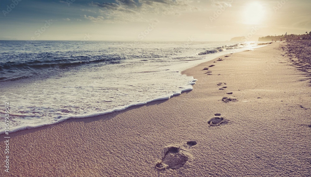 Footprints on the beach sand in the morning