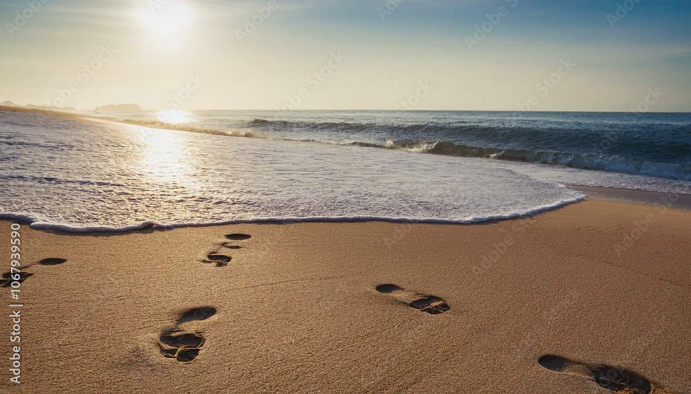 Footprints on the beach sand in the morning Footprints on the beach sand in the morning