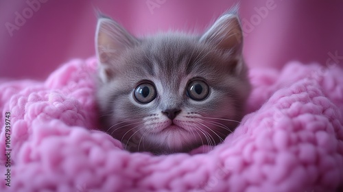 A British kitten peeks over a purple banner, creating a cute animal-themed template for pet lovers.