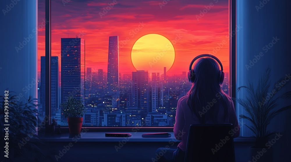 A woman sits by a window with headphones on, looking out at a city skyline with a large sun setting in the background. A woman sits by a window with headphones on, looking out at a city skyline with a large sun setting in the background.