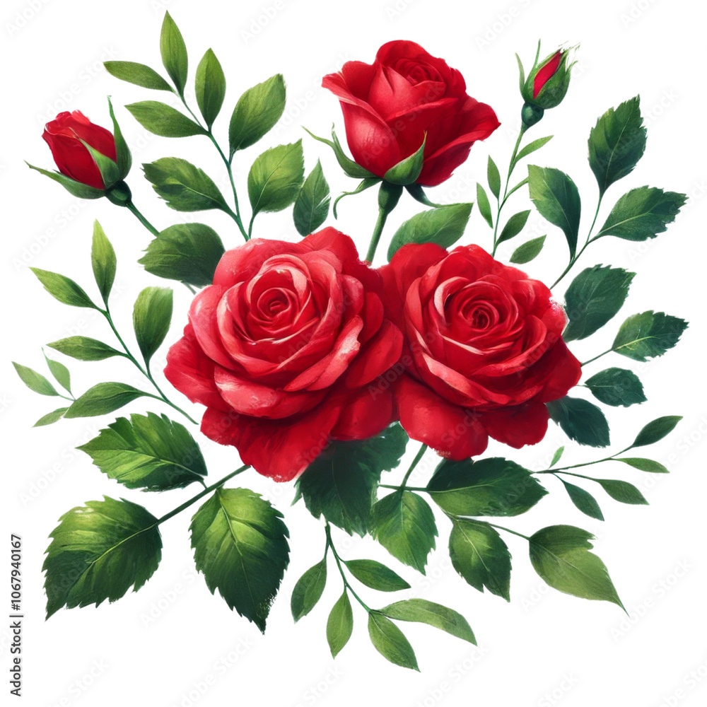 Cluster of red roses with soft green leaves, isolated on transparent background. Cluster of red roses with soft green leaves, isolated on transparent background.