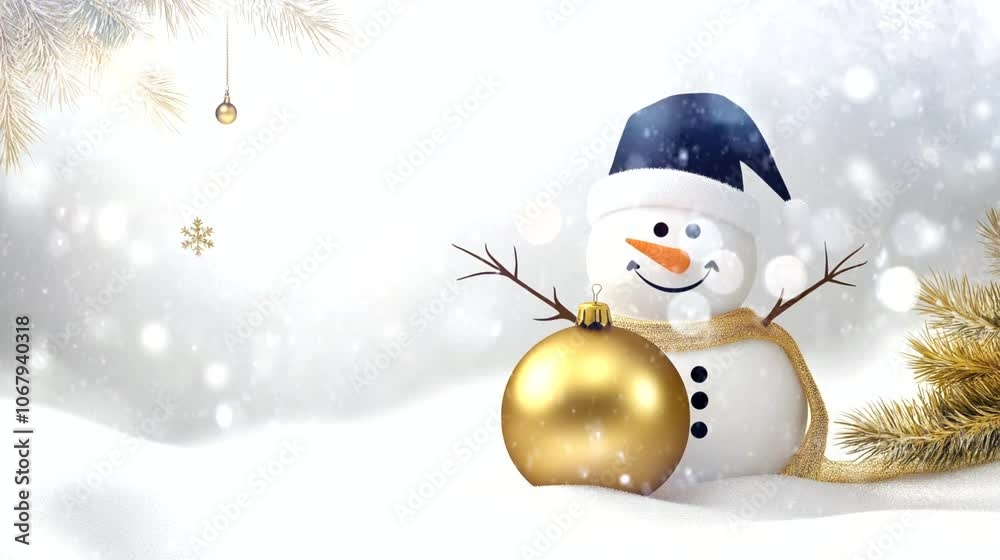 Cute snowman with gold christmas ball and snow background. Seamless looping time-lapse virtual 4k video animation background