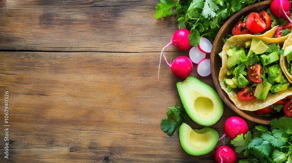 Colorful Taco Spread with Fresh Toppings and Ingredients Colorful Taco Spread with Fresh Toppings and Ingredients