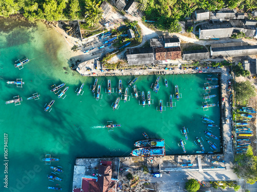 Drone view of fisherman boat in traditional port