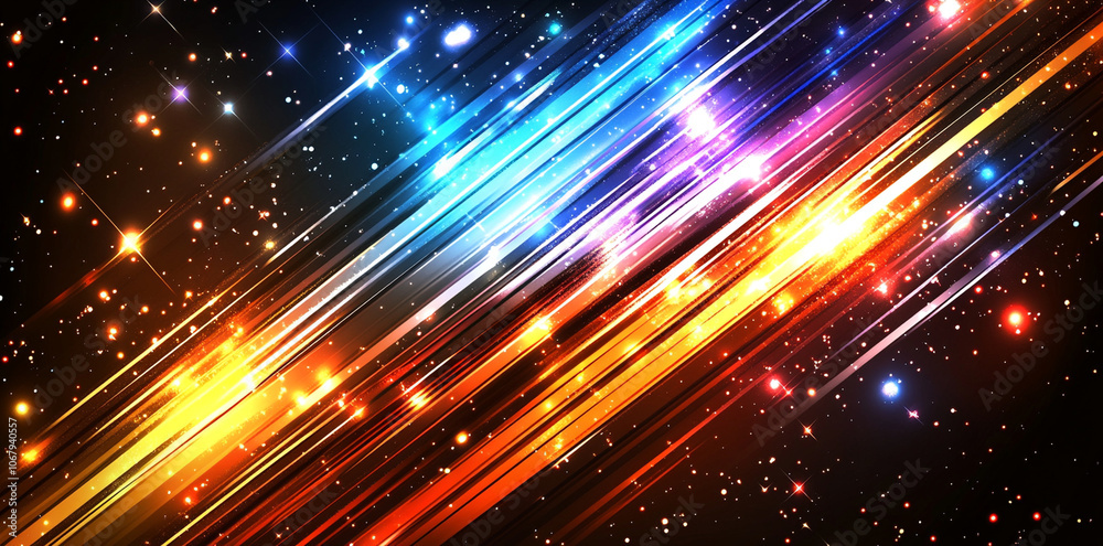 Obraz premium diagonal stripes of color create dynamic and energetic background, featuring bright hues of blue, orange, and purple against dark backdrop, evoking sense of movement and excitement