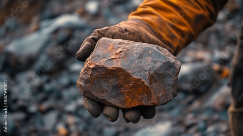 Worker Holding Copper Ore in Mining Area. Miner holding raw copper ore in a gloved hand, captured in an outdoor mining setting with a rugged, rocky backdrop.