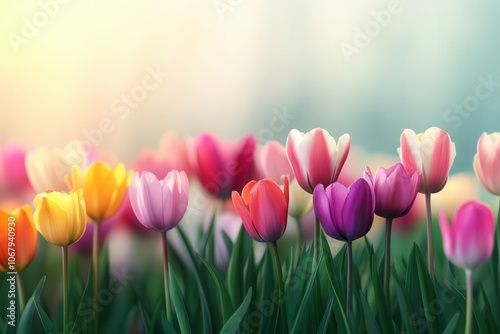 A vibrant display of colorful tulips blooms in a soft-focus background, capturing the essence of spring and natural beauty.
