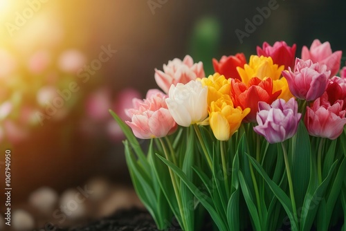 A vibrant bouquet of tulips in various colors, basking in sunlight, creating a cheerful and refreshing floral display.