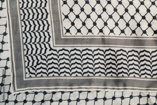 Fotografie black and white pattern on Arab Keffiyeh, Kaffiyeh, Kuffiyeh, Shemagh scarf