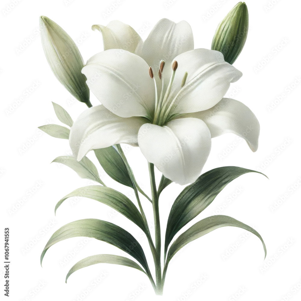 White lily flower with green leaves and unopened buds isolated on transparent background. White lily flower with green leaves and unopened buds isolated on transparent background.