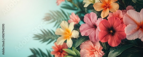 A colorful arrangement of hibiscus flowers, featuring shades of pink, orange, and yellow, surrounded by lush green leaves against a soft backdrop.