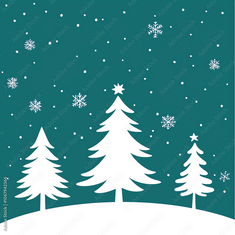 A simple vector illustration depicting white snow falling on pine trees, set against a dark teal background with white stars and snowflakes. A simple vector illustration depicting white snow falling on pine trees, set against a dark teal background with white stars and snowflakes.