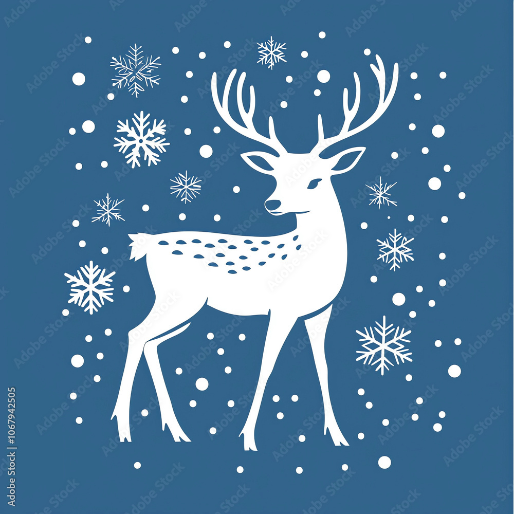 White deer silhouette with snowflakes on a blue background, simple vector illustration clipart. White deer silhouette with snowflakes on a blue background, simple vector illustration clipart.