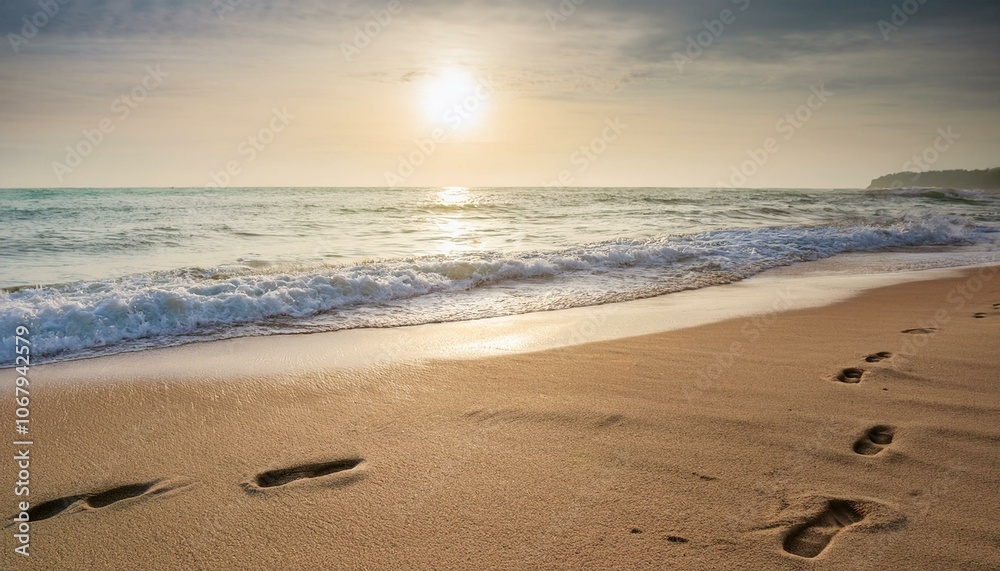 Footprints on the beach sand in the morning Footprints on the beach sand in the morning