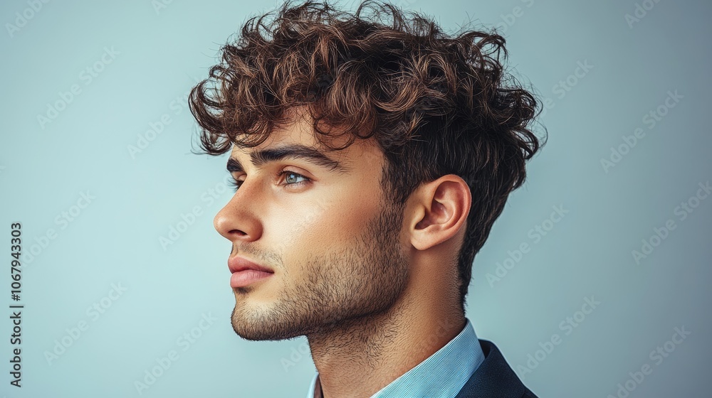 Handsome Young Man with Curly Hair and Blue Eyes Looking Away Handsome Young Man with Curly Hair and Blue Eyes Looking Away