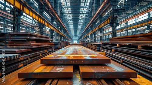 Rusty Steel Plates Stacked in Factory Warehouse. Multiple rust-colored steel plates stacked in an expansive industrial warehouse, indicating raw materials ready for manufacturing processes.