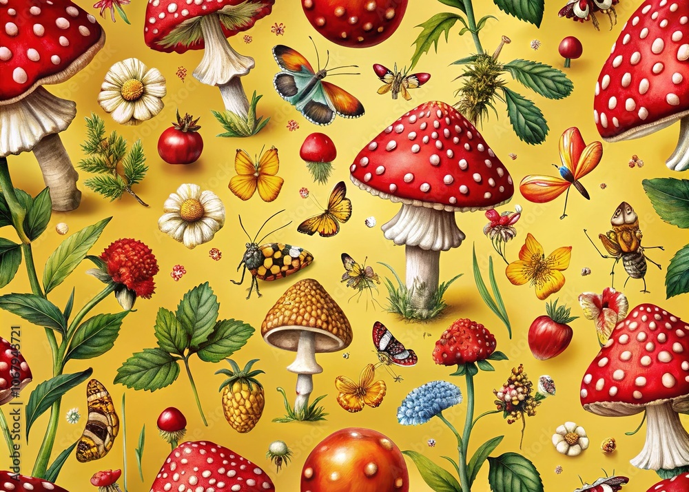 Crazy Mushrooms & Insects: Documentary Style Seamless Pattern