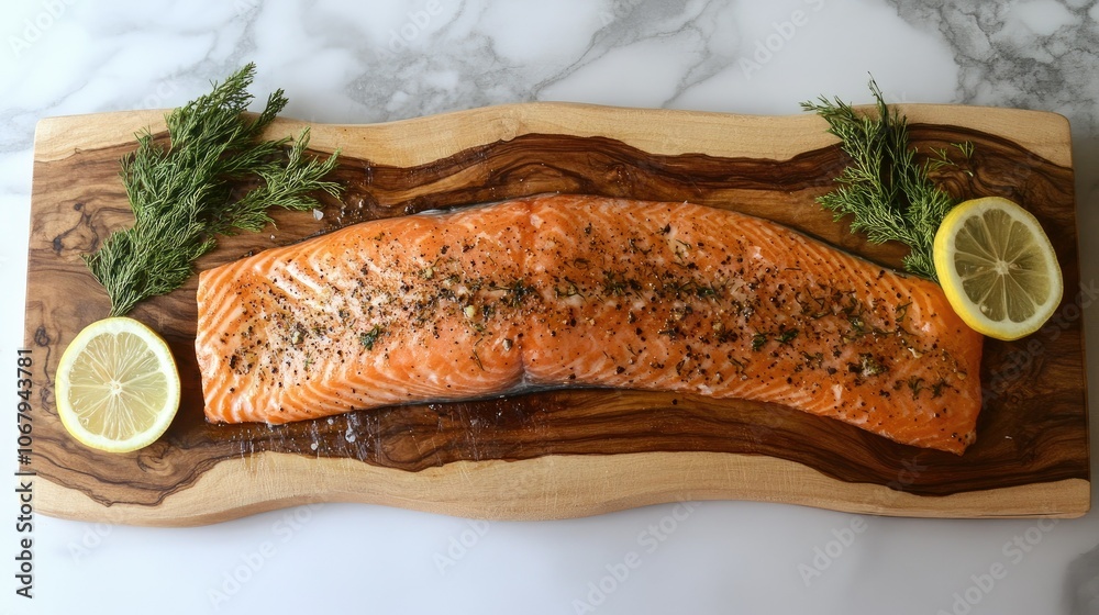 A fresh, raw salmon fillet on a wooden cutting board, ready to be prepared, with herbs and lemon slices on the side.