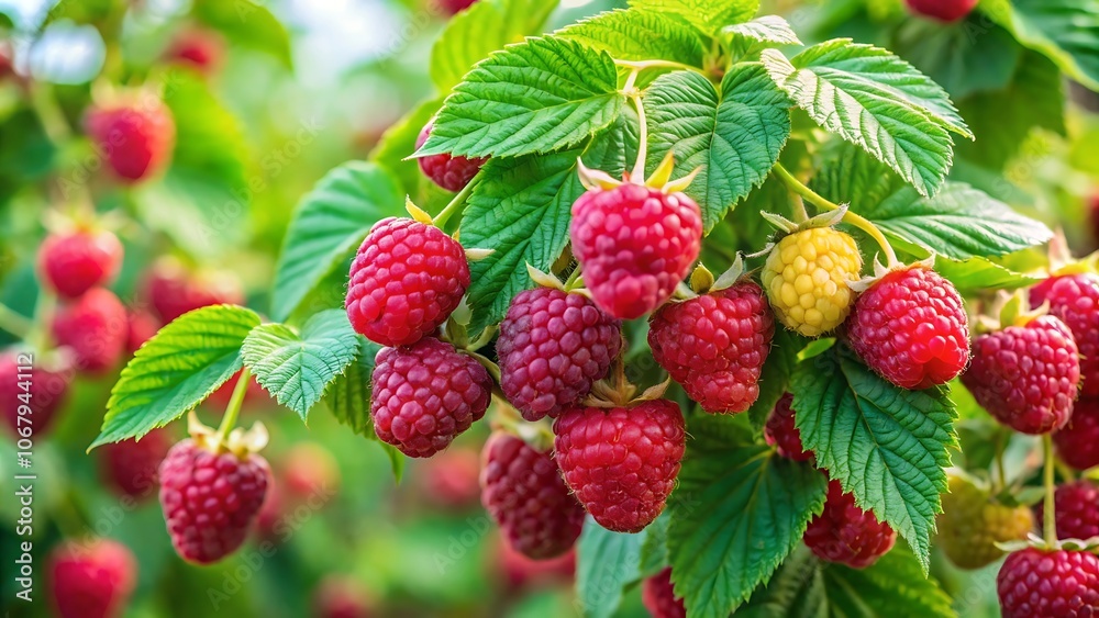 Close-up of a bountiful raspberry bush with ripe red berries ready for harvest, raspberry, crop, fresh, ripe, red, berries, JPG, AI GENERATED