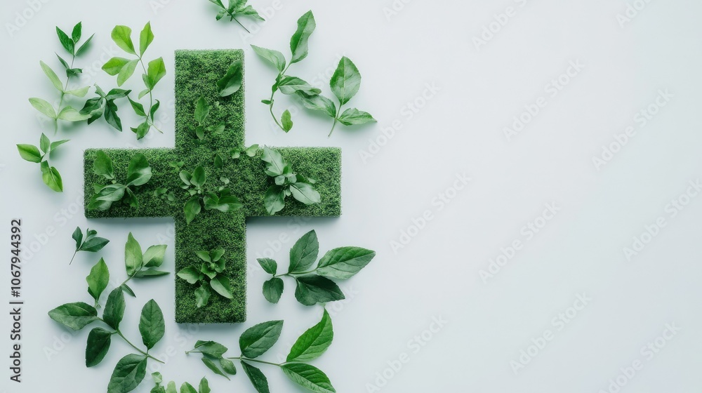A green cross medical symbol with leaves, representing the intersection of natural health and medicine on a white background. A green cross medical symbol with leaves, representing the intersection of natural health and medicine on a white background.