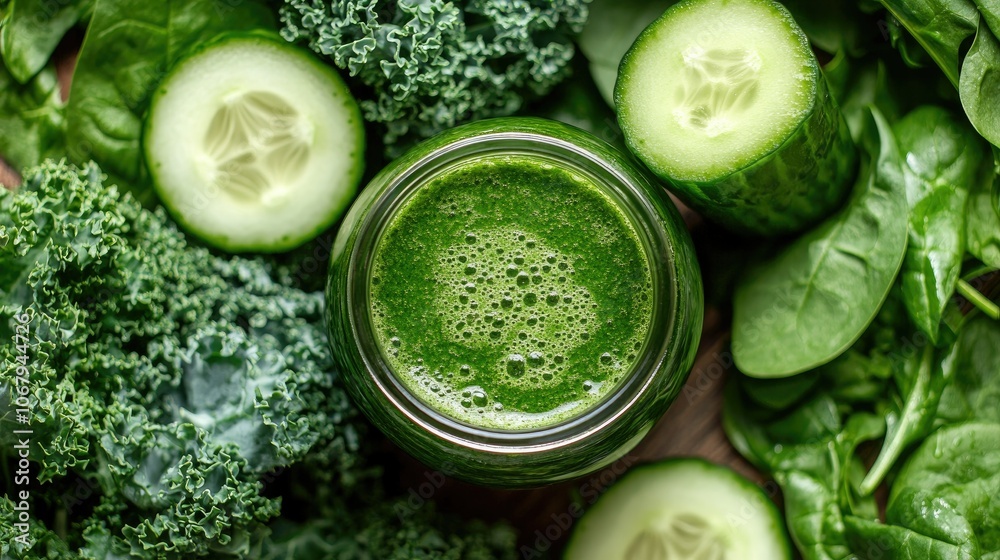A green smoothie in a glass jar surrounded by fresh spinach, kale, and cucumber, symbolizing detox and healthy living. A green smoothie in a glass jar surrounded by fresh spinach, kale, and cucumber, symbolizing detox and healthy living.