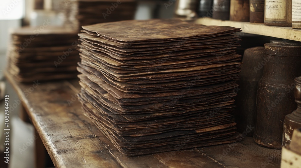 Stack of dark brown leather sheets on a wooden table with jars in the background. Stack of dark brown leather sheets on a wooden table with jars in the background.