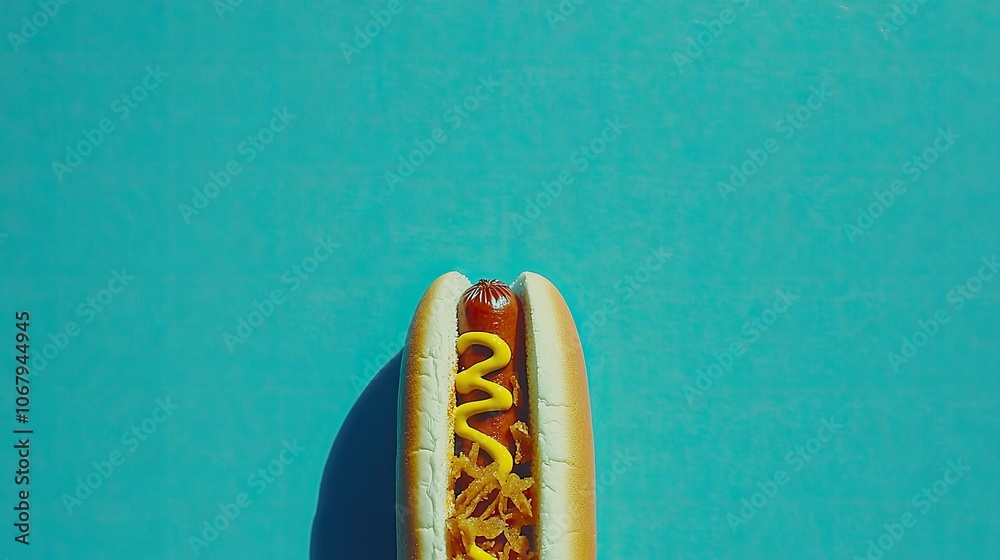 A hot dog with mustard and crispy onions on top, placed against a bold, bright blue background for a simple and appetizing view. A hot dog with mustard and crispy onions on top, placed against a bold, bright blue background for a simple and appetizing view.